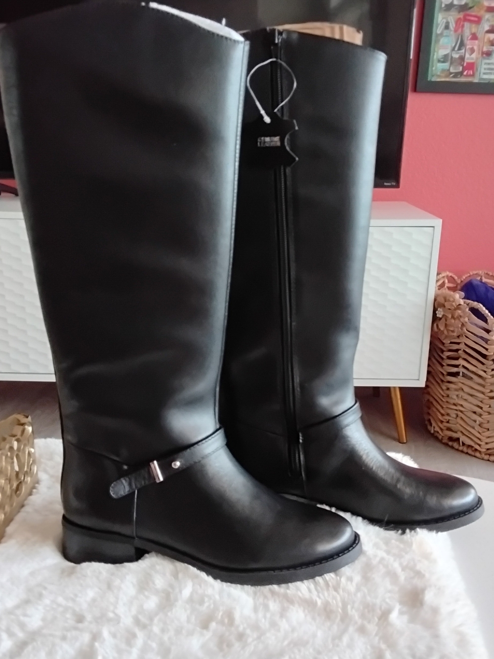 Women's Black Leather Tall Riding Boots with Ankle Strap Detail